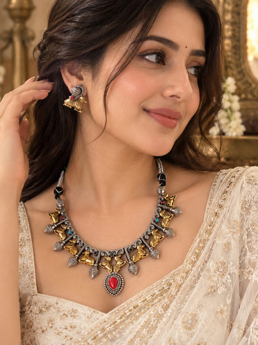 SANGNI DUALTONE NANDI BRASS NECKLACE WITH EARRINGS