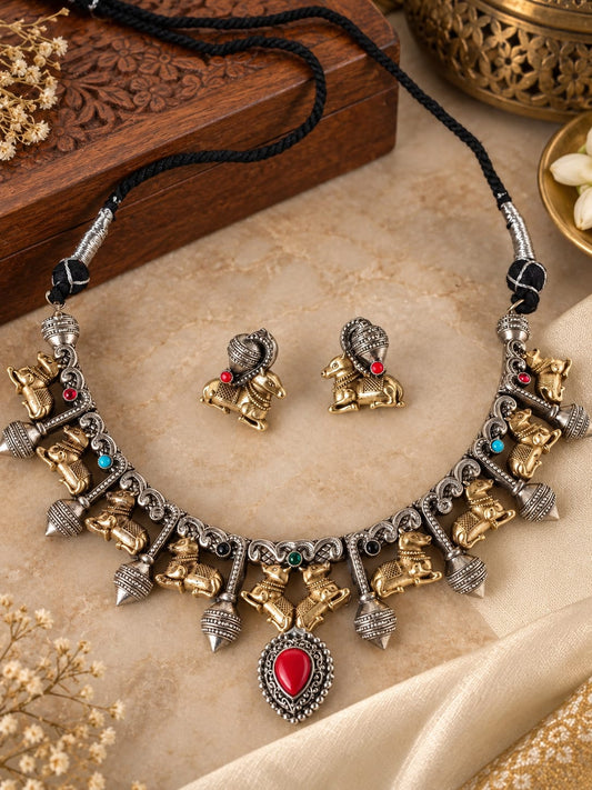 SANGNI DUALTONE NANDI BRASS NECKLACE WITH EARRINGS