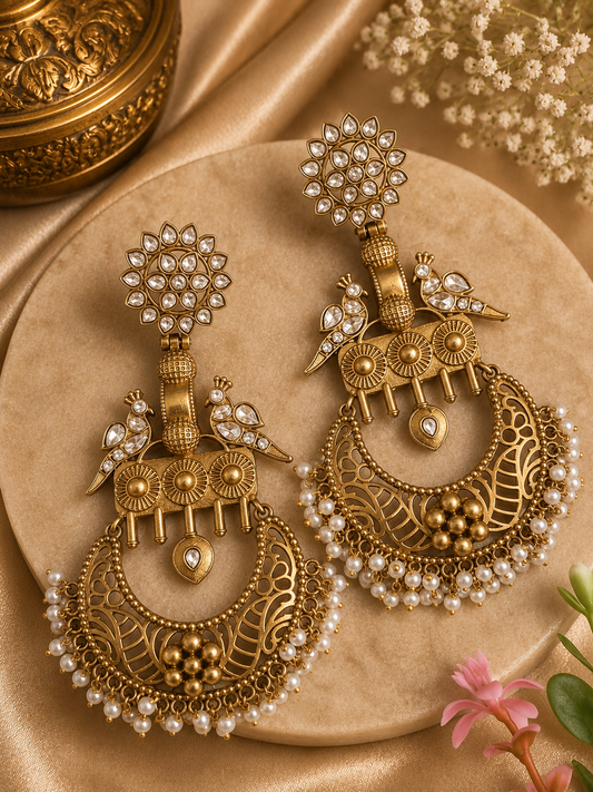 MAHI GOLD PLATED LONG WHITE EARRINGS FOR WOMEN