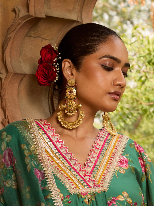 Gold Plated White Beads Work Earrings For Women