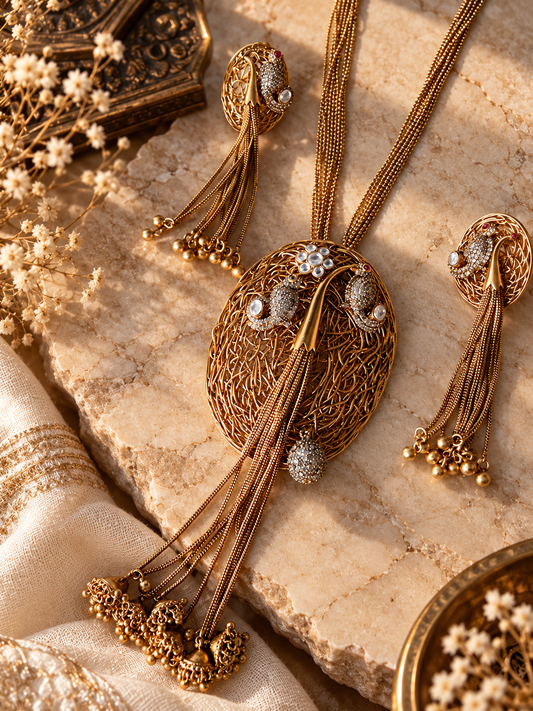 TARANGINI GOLD-TONE FILIGREE MOISSANITE PREMIUM LONG PENDENT SET WITH TASSEL EARRINGS