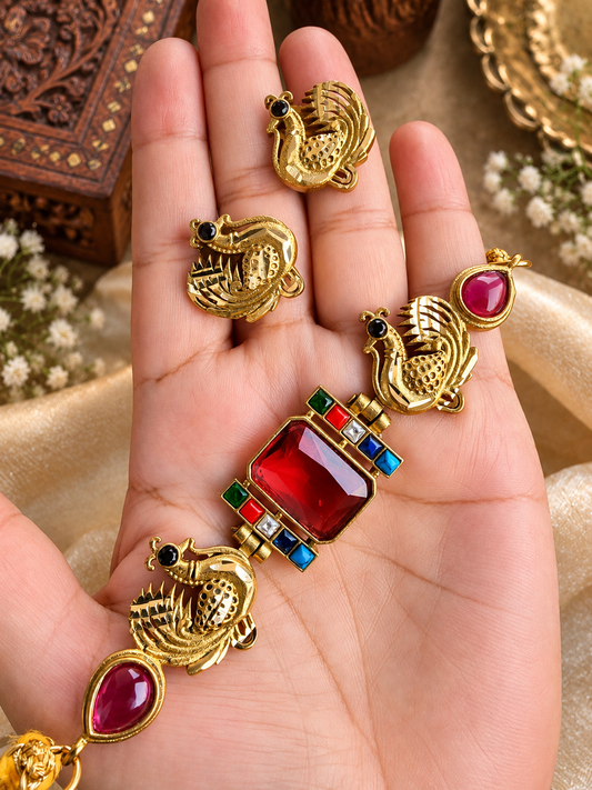 RED PEACOCK GOLDPLATED BRASS CHOKER SET FOR WOMEN