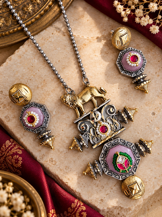SATYAM DUALTONE BRASS PENDENT SET WITH EARRINGS