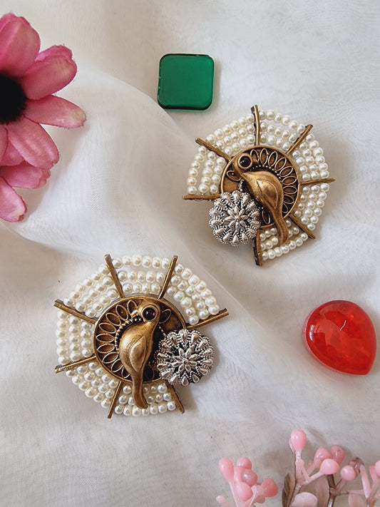 White Phool-Moti Stud Earrings  For Women | Brass Based Traditional Style