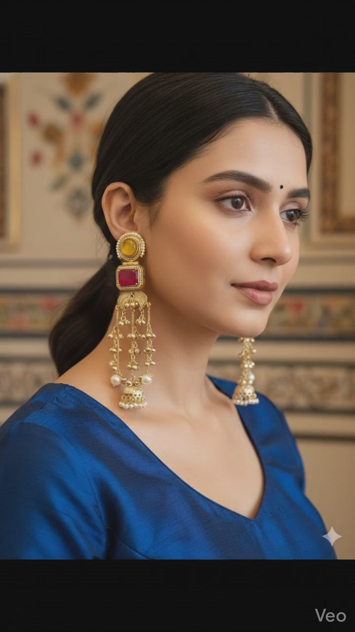 NAZAKAT LONG YELLOW,RUBY KASHMIRI GHOONGROO EARRING  FOR WOMEN