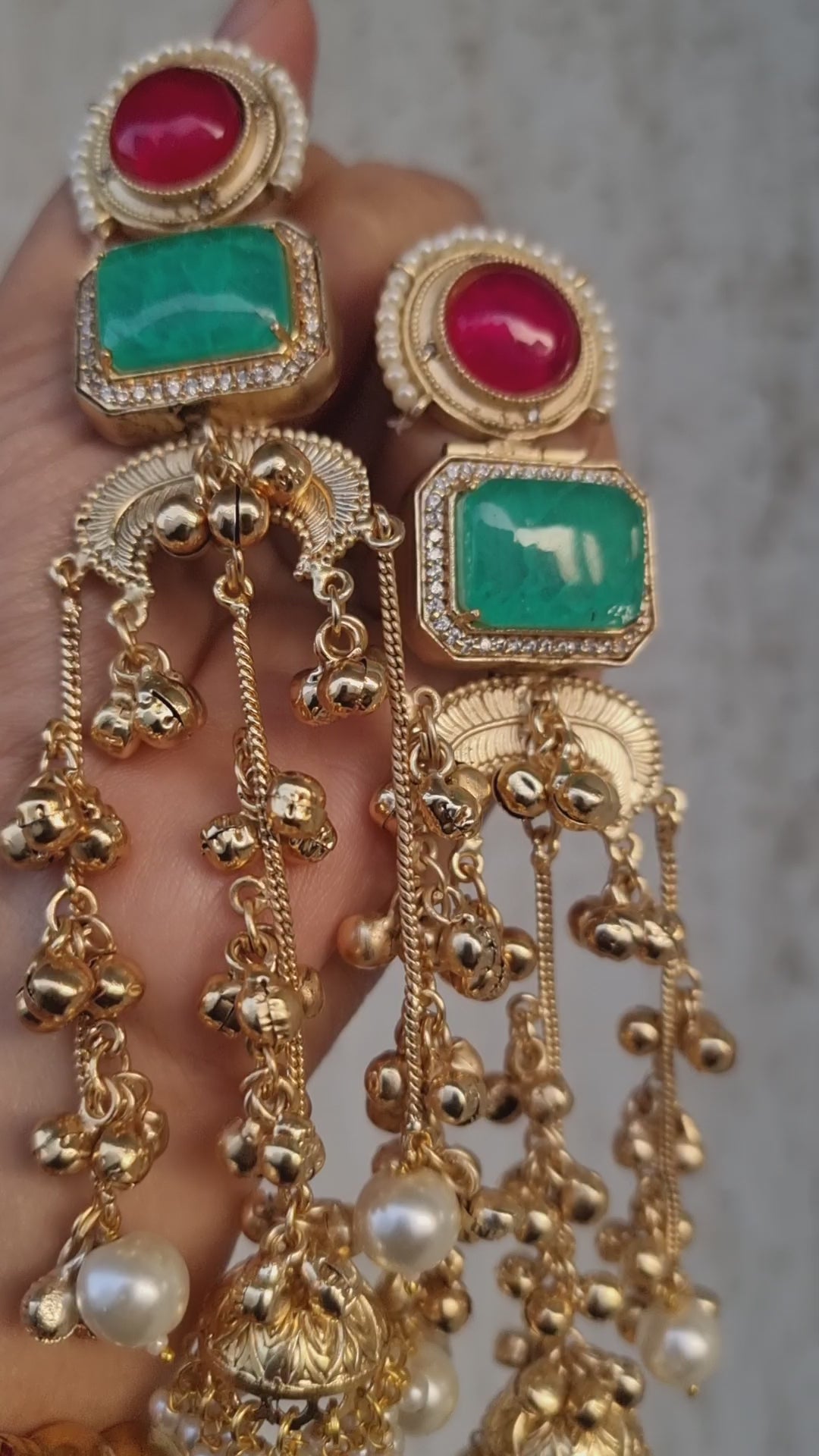 NAZAKAT LONG MINT,RUBY KASHMIRI GHOONGROO EARRING  FOR WOMEN