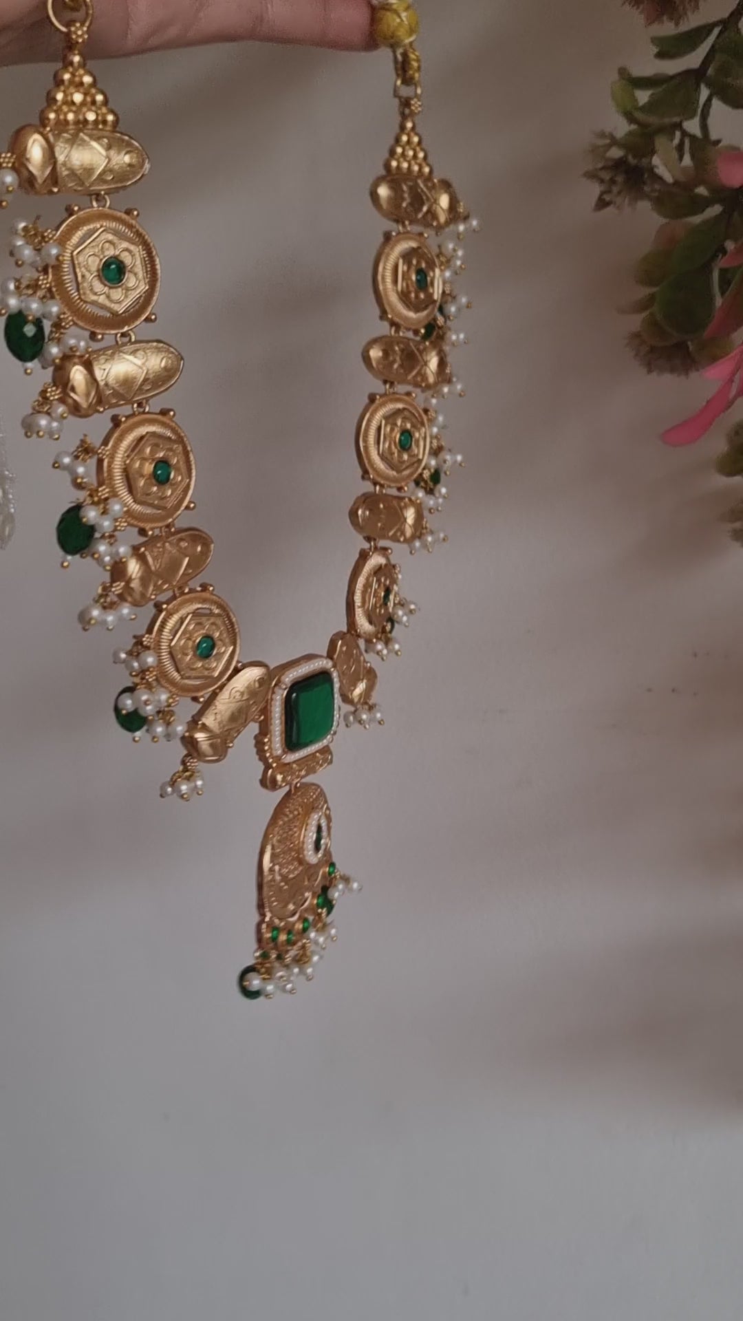 POORVI LONG GOLD PLATED GREEN SAMIPRESIOUS STONE  NECKLACE SET FOR WOMEN