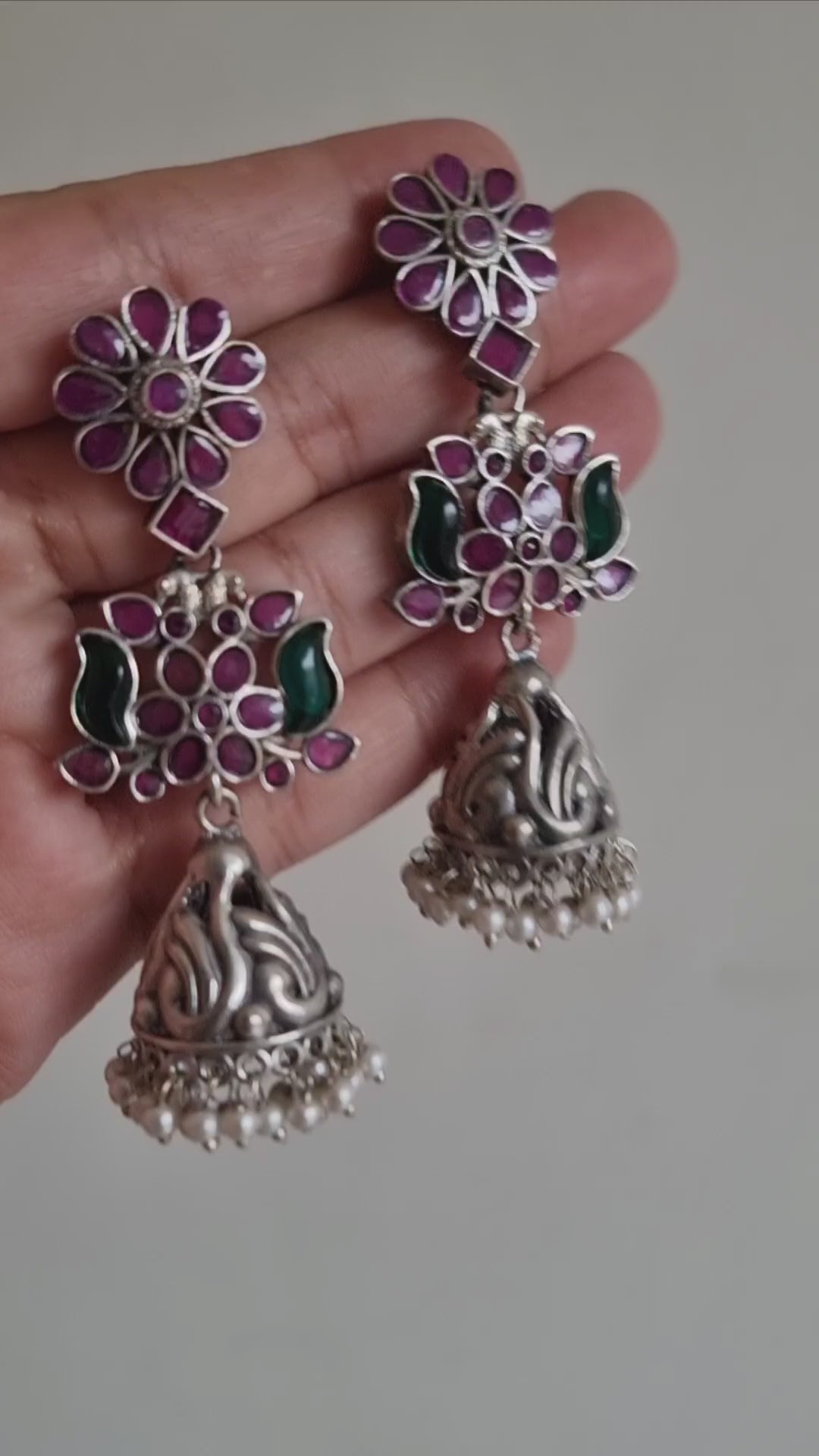 PREET 92.5 SILVER PLATED RUBY GREEN EARRINGS