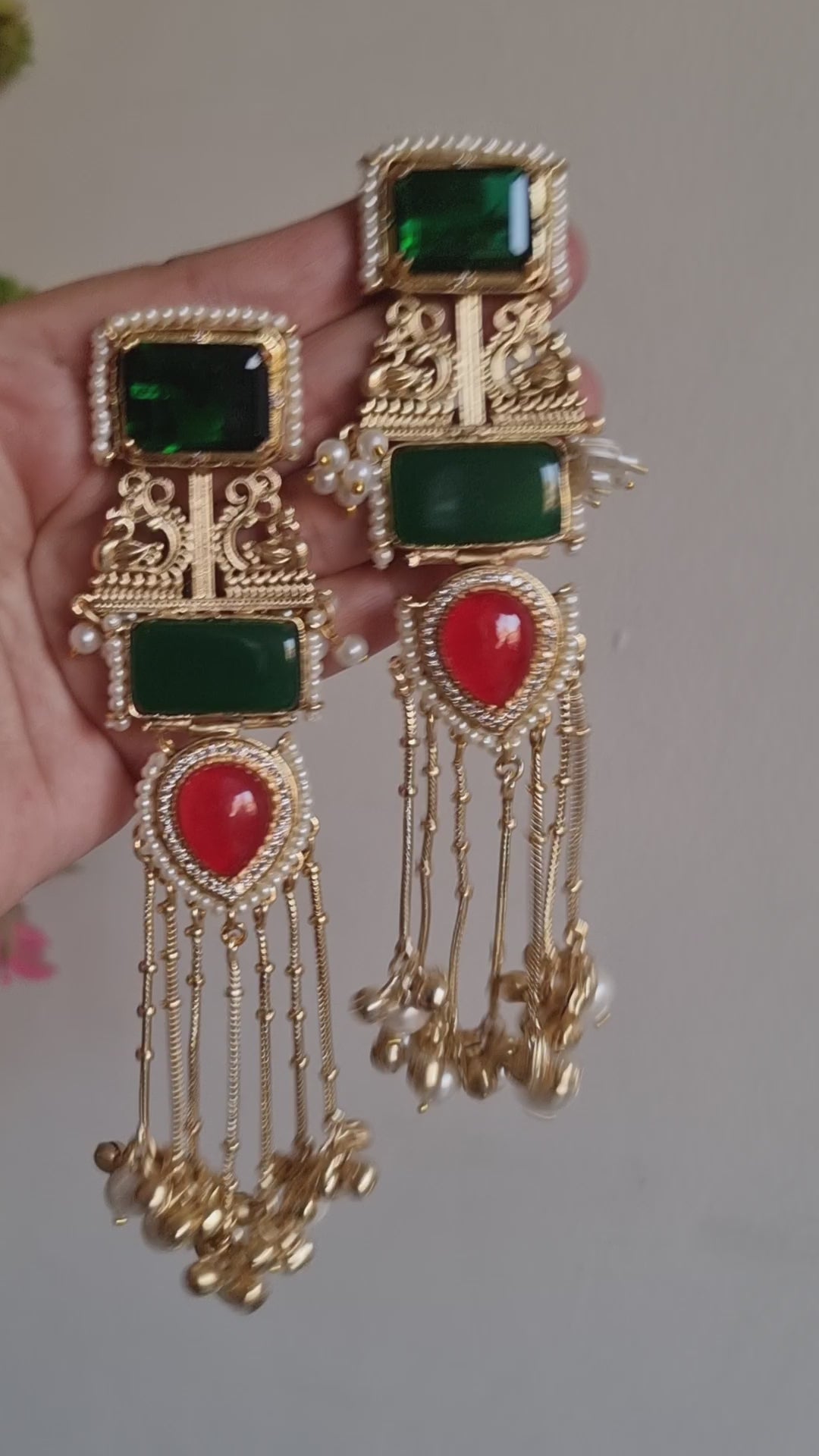 RAJUL RED GREEN KASHMIRI GHOONGROO EARRINGS