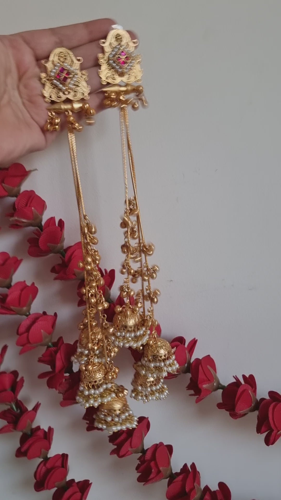 PARVATI LONG GOLD PLATED RED WHITE KASHMIRI GHOONGROO EARRINGS