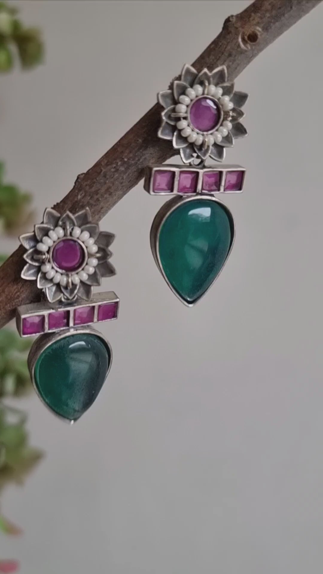 KASAK  GREEN SEMIPRESIOUS STONE BRASS EARRINGS