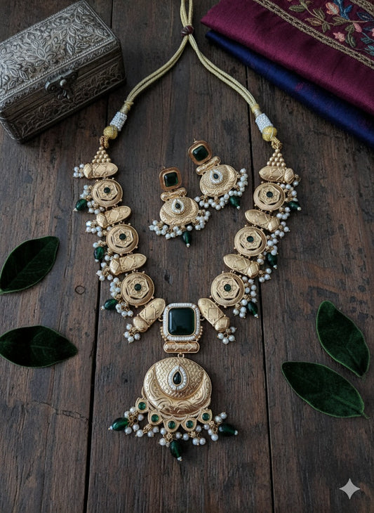 POORVI LONG GOLD PLATED GREEN SAMIPRESIOUS STONE  NECKLACE SET FOR WOMEN
