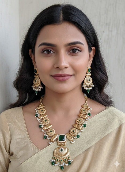POORVI LONG GOLD PLATED GREEN SAMIPRESIOUS STONE  NECKLACE SET FOR WOMEN